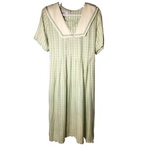 VTG Sarah Elizabeth Green Gingham Rayon Maxi Dress Sailor Collar 18W Cottagecore
